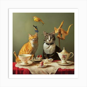 Cat & Birds Having Tea Art Print