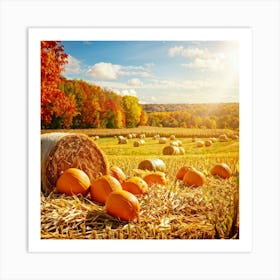 Autumn Harvest Scene Featuring Oversized Pumpkins Nestled Among Stalks Of Sunlit Corn Bales Of Hay (2) Art Print