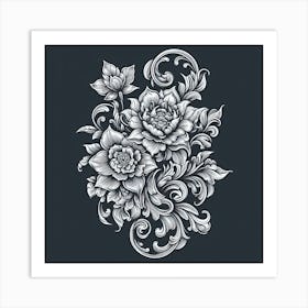 Floral Design On A Black Background Art Print
