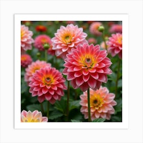 A Vibrant Garden Of Dahlias With Large, Colorful Blooms Art Print