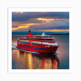 Red Ferry At Sunset 2 Art Print