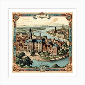 A Vintage Map, Of A Historic City With Ornate Borders And Labels art print 15 Art Print