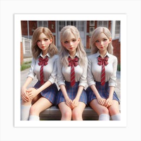 Three Girls In School Uniforms Art Print