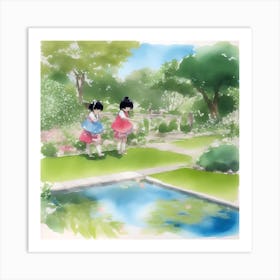 Two Girls In A Garden Art Print