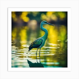 Green Flecked Wading Bird Pond Fishing Art Print