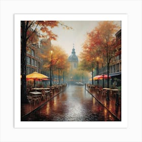 Amsterdam cafes, autumn season, rain, autumn oil colours.Faded colours,People passing on the street, winter clothes, rain umbrellas.4 Art Print