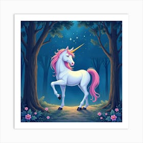 Majestic Unicorn In A Starlit Forest, Watercolor 1 Art Print