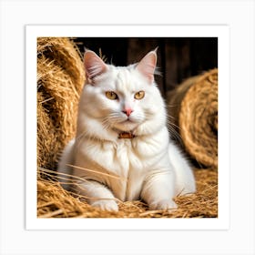 White Cat On Hay Art Print