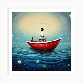 Firefly Boat, Hand Drawn, Brush, Visual Reference, Sea, Artificial Intelligence, Waves, Dream Curtai (1) Art Print