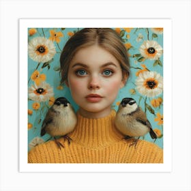 Girl With Birds Art Print