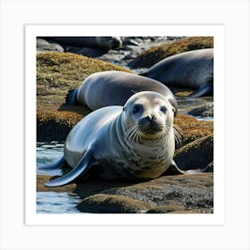 Seals On Rocks Art Print