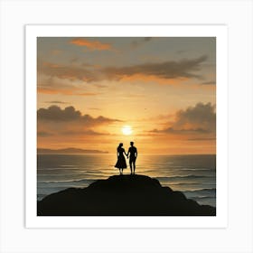 Couple On The Beach At Sunset art print Art Print