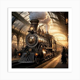 Steampunk Locomotive With Elaborate Gears And Pipes Victorian Era London Station As Backdrop Hazy Art Print