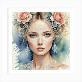 Watercolor Girl With Roses Art Print