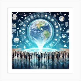 Group Of People Standing Around A Globe Art Print