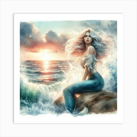 Mermaid on the rock enjoys sunset Art Print