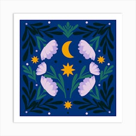 Stars Moon And Flowers - Starry Night Art Print