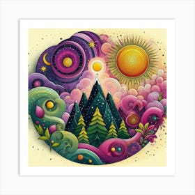 Mountain With Spiral Moon Sun Bottlebrush Tree 3 Art Print