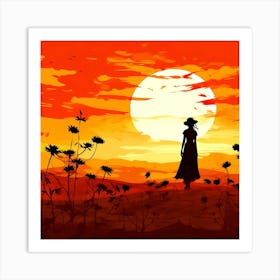 Silhouette Of A Woman At Sunset Art Print