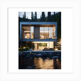 Modern House By The Lake Art Print