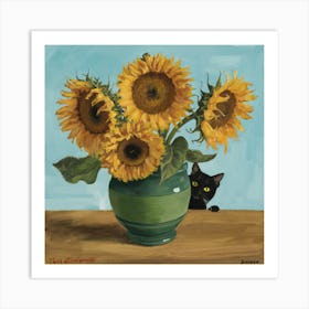 Vase With Three Sunflowers With A Black Cat, Van Gogh Inspired 10 Art Print