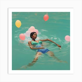 Woman With Green Blue Swimsuit Floating in Water Art Print