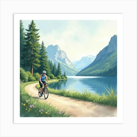 Road Bike Alongside A Shimmering Lake Watercolor Painting 1 Art Print