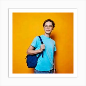 Firefly 18 Year Old, Boy, Transparent Glasses, T Shirt, Light Blue, Bag, Carrying, Yellow, Backgroun (3) Art Print