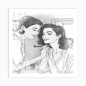 Two Women Putting On Makeup Art Print