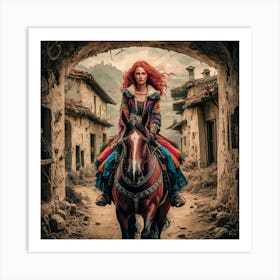 Redhead Rider: Captivating Ukiyo-e-inspired Portrait in a Countryside Setting 2 Art Print