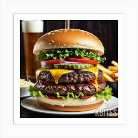 Hamburger With Fries And Beer Art Print