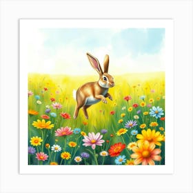 A Rabbit Jumping Through A Vibrant Field Of Rainbow Flowers, In A Whimsical Watercolor Scene Art Print