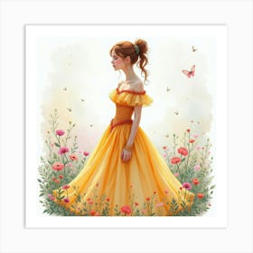 Gorgeous Woman In Watercolor Dress, Whimsical Fairytale Scene 1 Art Print