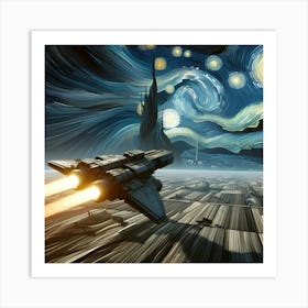 A 3D Rendering Of A Spaceship Traveling Through Space With A Van Gogh Style Affiche