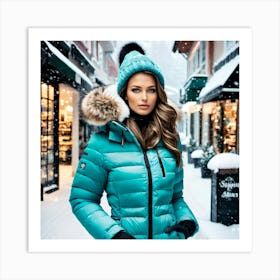 Woman in down jacket, walking in a snowy city at christmass time Art Print