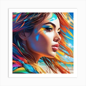 Portrait Of A Woman With Colorful Feathers Art Print