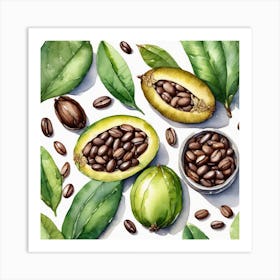 Watercolor Coffee Beans And Leaves Art Print