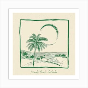 Manly Beach, Australia Green Line Art Illustration Art Print