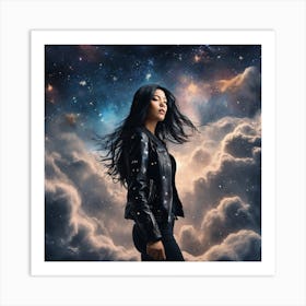 Create A Cinematic Scene Where A Mysterious Woman In A Black Leather Jacket Floats Gracefully Through The Cosmos, Surrounded By Swirling Clouds Of Stars And Galaxies 3 Art Print