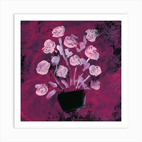 Pink Flowers On Magenta - floral square red contemporary modern Art Print