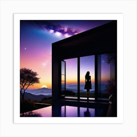 Woman Looking Out Of Window At Sunset Art Print