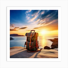 Backpack On The Cliff At Sunset Art Print