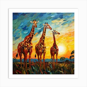 Giraffes At Sunset 1 Art Print