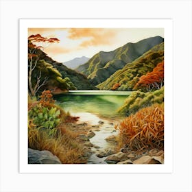 Watercolour Landscape Marlborough Sounds Earthy Tones Art Print