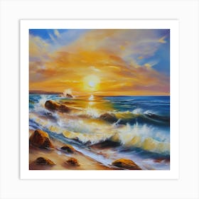 The sea. Beach waves. Beach sand and rocks. Sunset over the sea. Oil on canvas artwork.16 Art Print