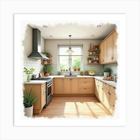 Charming Kitchen Watercolor, Modern And Warm Design 1 Art Print