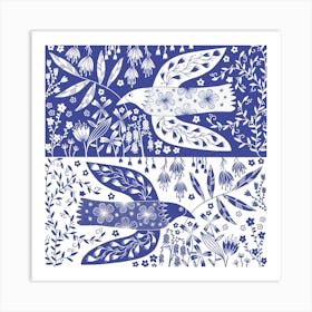 Peace Doves And Flowers Blue Art Print