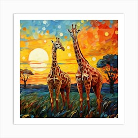 Giraffes At Sunset Art Print