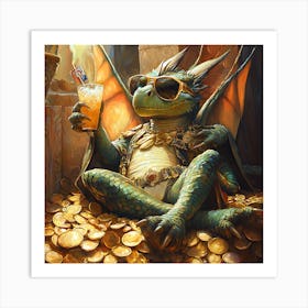 Cool Dragon Lounging on Gold Background Art Print