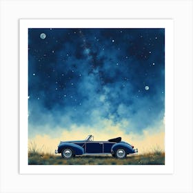 Classic Convertible Under A Starry Night, Watercolor Painting 1 Art Print